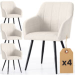 4x Krzesło tapicerowane z przeszyciami kwadratowymi Kremowe LUXANO Czarne nogi tkanina Lumos