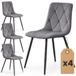 4x Welurowe krzesło tapicerowane pikowane Ciemny Grafit MILO Czarne nogi