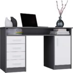 BIURKO ADA ANTRACYT BIAŁY 125 Cm 4 Szuflady Szafka Półki Do Biura Pokoju Na Laptop