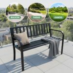 Czarna ławka ogrodowa LINEA ze stalowymi nogami i oparciem szerokość 119 cm - obrazek 2