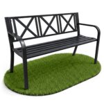 Czarna ławka ogrodowa CROSS ze stalowymi nogami i oparciem szerokość 119 cm