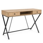 Biurko industrialne komputerowe Dąb Artisan CROSSLINE 120 cm 2 szuflady 1 półka Czarne nogi