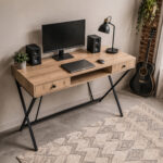 Biurko industrialne komputerowe Dąb Artisan CROSSLINE 120 cm 2 szuflady 1 półka Czarne nogi - obrazek 2