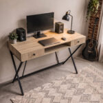 Biurko industrialne komputerowe Dąb Sonoma CROSSLINE 120 cm 2 szuflady 1 półka Czarne nogi - obrazek 2