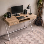 Biurko industrialne komputerowe Dąb Artisan CROSSLINE 120 cm 2 szuflady 1 półka Białe nogi - obrazek 2