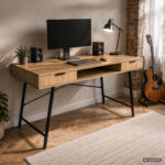 Biurko industrialne komputerowe Dąb Artisan ARDEN 120 cm 2 szuflady 1 półka Czarne nogi - obrazek 2