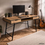 Biurko industrialne komputerowe Dąb Craft ARDEN 120 cm 2 szuflady 1 półka Czarne nogi - obrazek 2