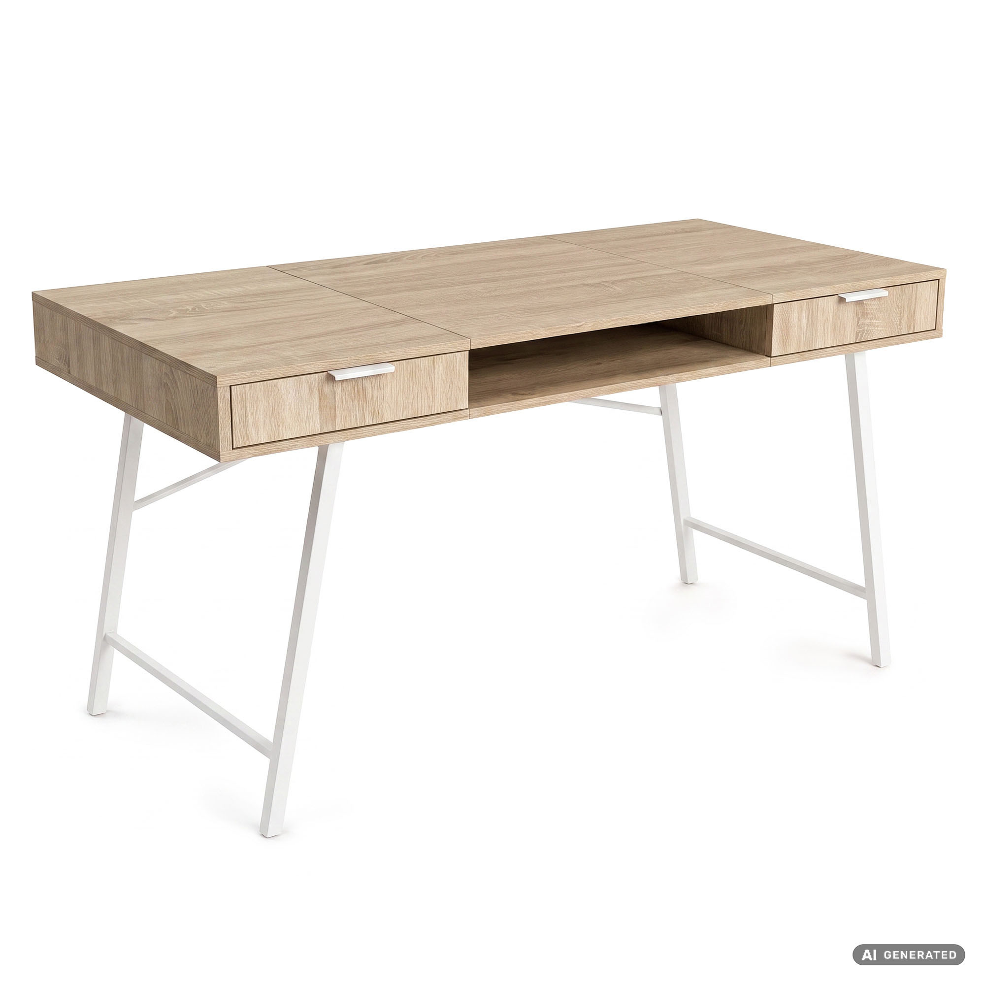 export Biurko industrialne komputerowe Dąb Sonoma ARDEN 120 cm 2 szuflady 1 półka Białe nogi - obrazek 1