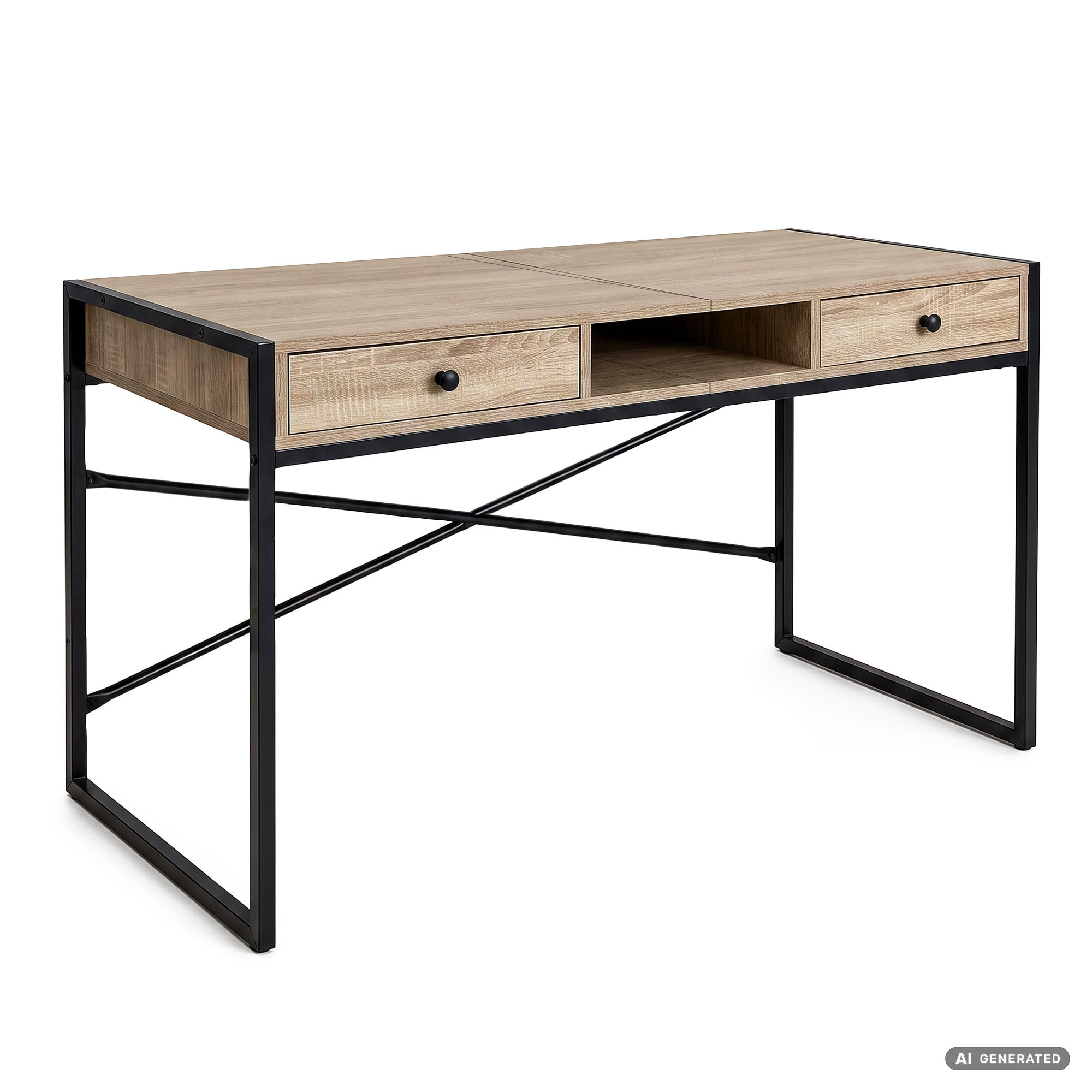 export Biurko industrialne komputerowe Dąb Sonoma ELONIS 123 cm 2 szuflady 1 półka Czarne nogi - obrazek 1